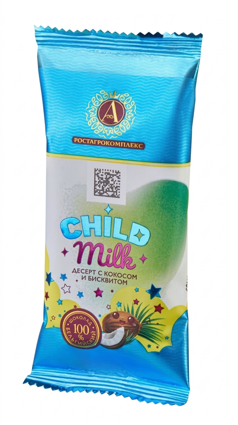 РОСТАГРОКОМПЛЕКС ДЕСЕРТ CHILD Milk с КОКОСОМ и бисквитом в молочном шоколаде 40г (216)